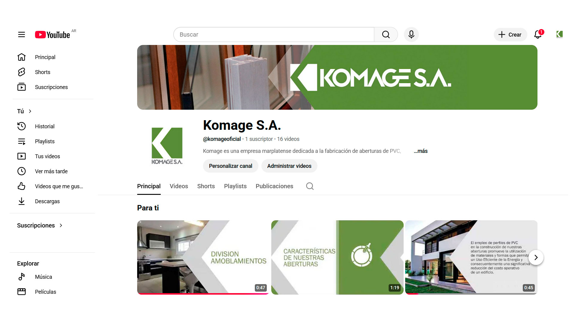 Canal de YouTube de Komage S.A.